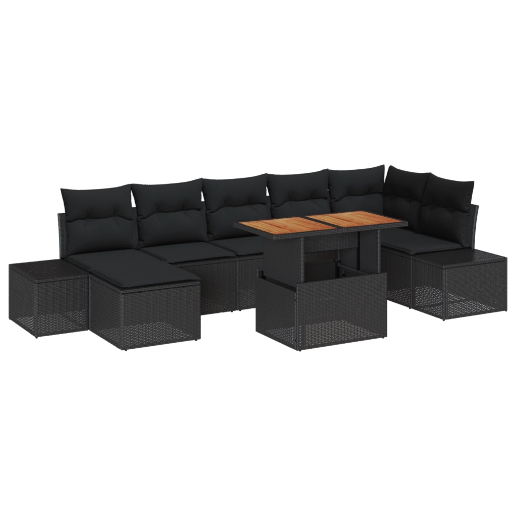 Set da pranzo da giardino in 8 pezzi con cuscini in polyrattan nero e acacia