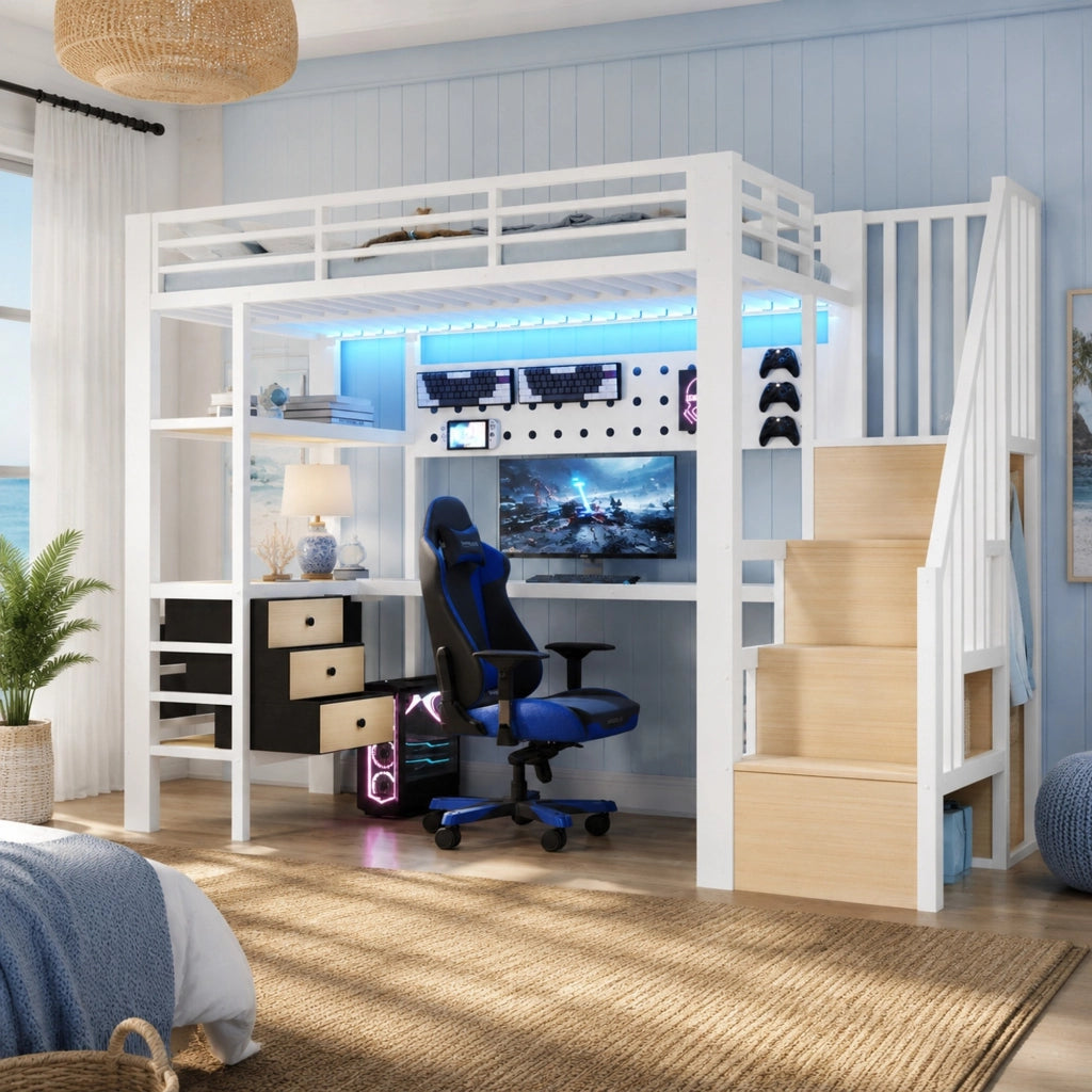 Letto a soppalco 90x200 cm con scrivania, LED e prese