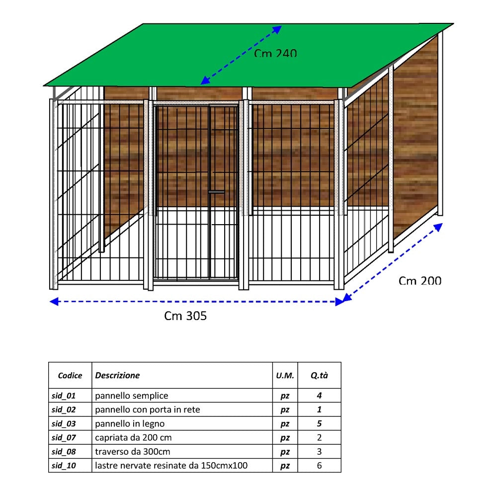 Recinto per cani 3x2 metri zincatura a caldo con copertura retro & 1 metro laterale in legno