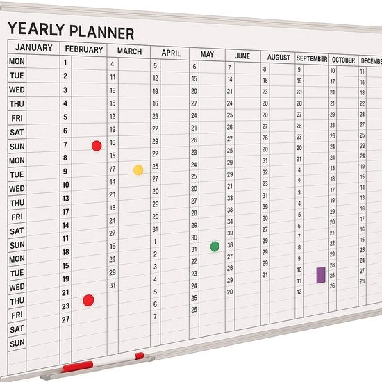 Tavolo bianco 60x90cm – Tavolo magnetico – Laminato in acciaio – Calendario annuale – Incluso calendario mensile, calendario settimanale e righe numeriche – Inglese