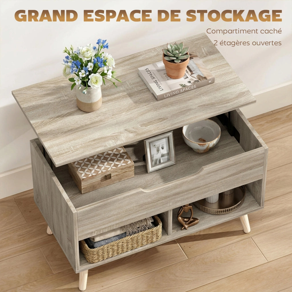Tavolino da salotto con ripiano sollevabile e scaffali aperti ¨C zephmum ¨C legno naturale 75x40x58 cm