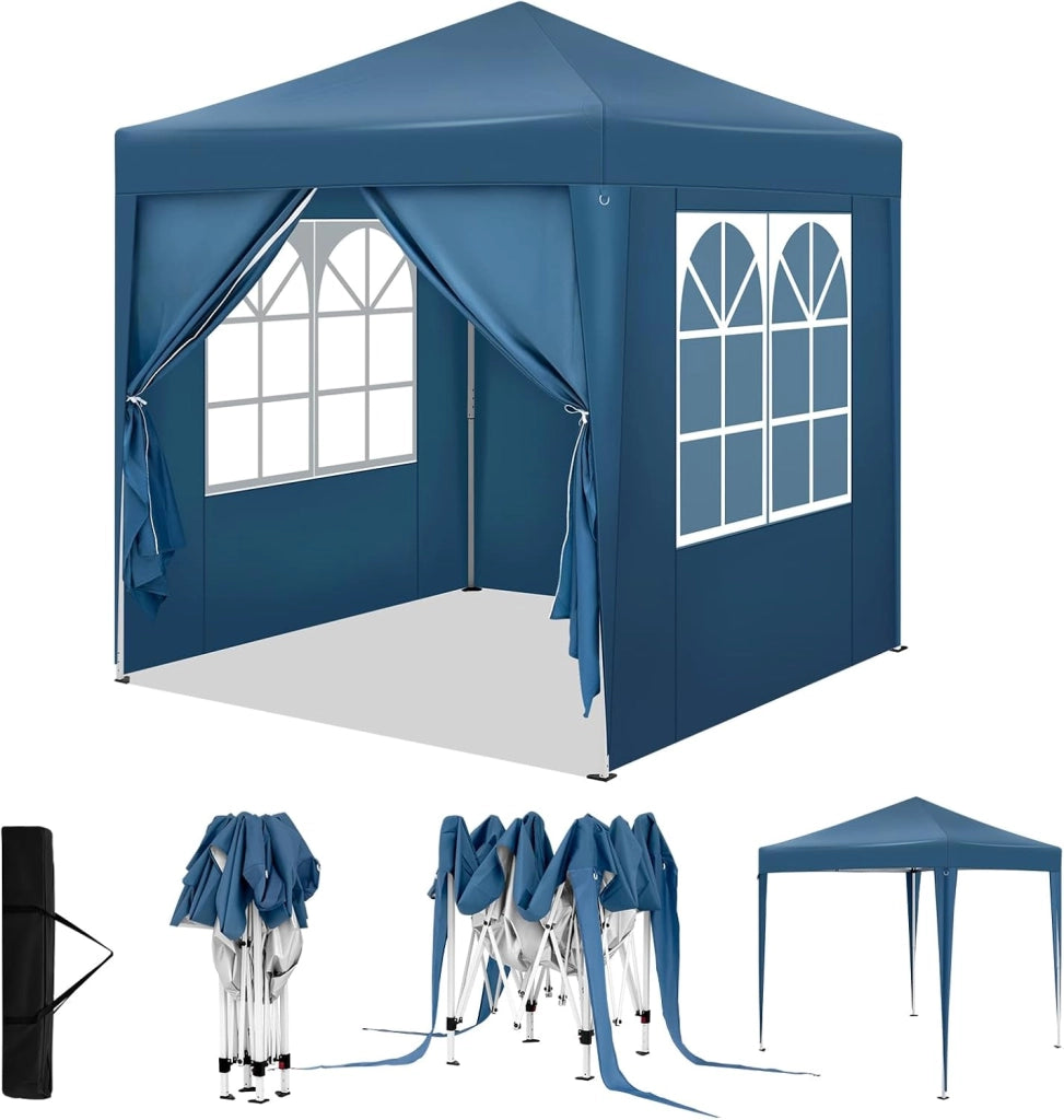 Gazebo Pieghevole da Giardino, Gazebo Impermeabile Pop Up da 2x2m con Pannelli Laterali, Tendone Esterno, Altezza Regolabile, Protezione UV, con Custodia, Blu