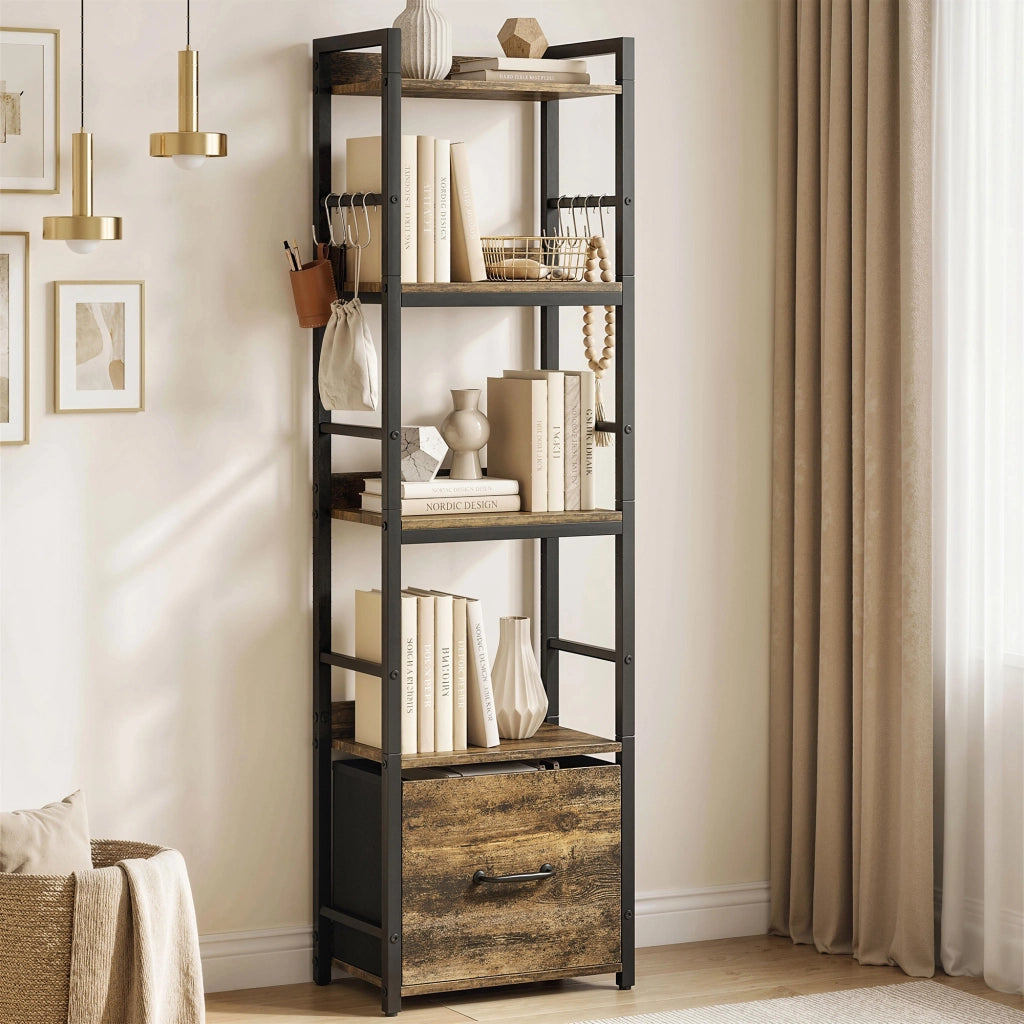 Libreria 4 Livelli con Cassetto e Ganci ¨C Zephmum ¨C Marrone Rustico 39x26x136.5 cm