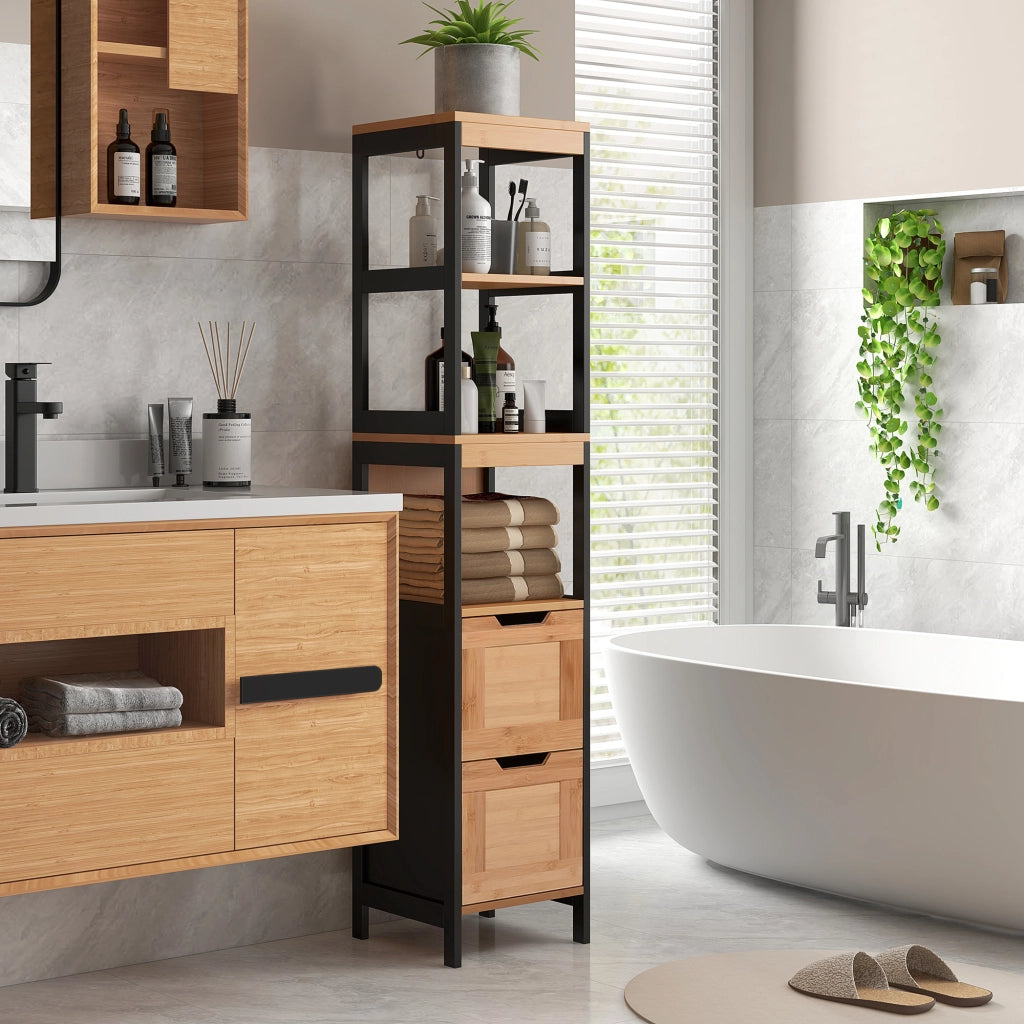 Colonna Bagno con 2 Cassetti e 3 Vani Aperti in Legno MDF e Bamb¨´ 30x30x144.3 cm