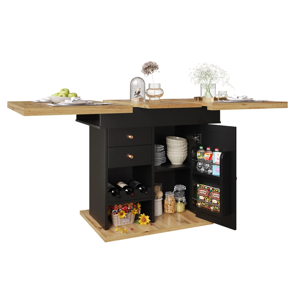 Tavolo da pranzo allungabile con anta ribaltabile, cassetto e ripiani, per cucina e soggiorno, nero, 110 × 80 × 75 cm