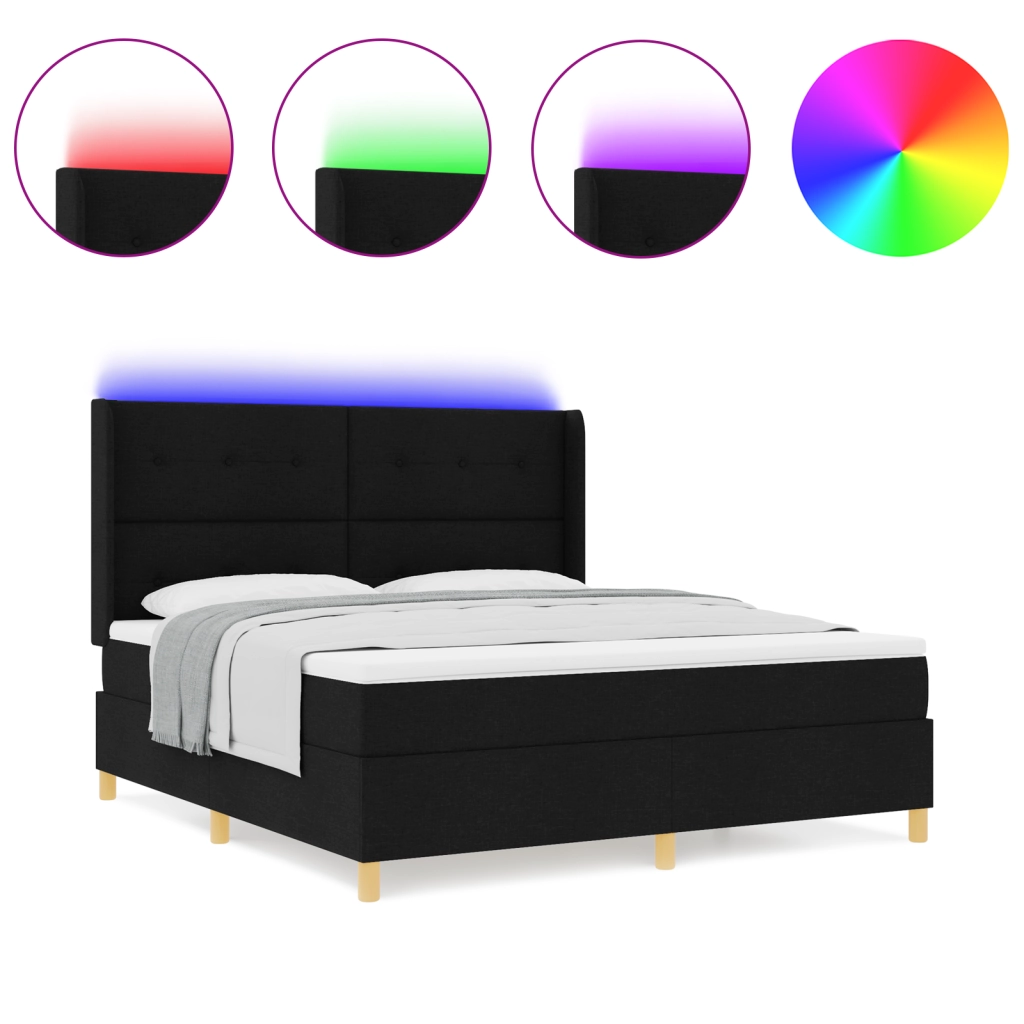 Letto Box Spring  con Materasso e LED Nero 180x200 cm Tessuto