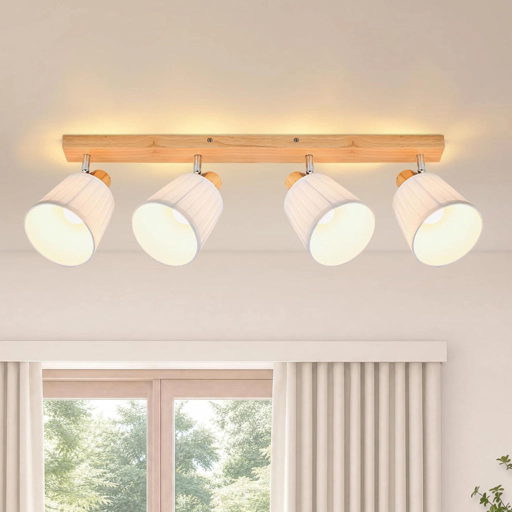 ZMH Faretto da soffitto 4 Luci Legno E14 Boho Bianco Tessuto Orientabile 350¡ã per Corridoio Soggiorno Senza Lampadina