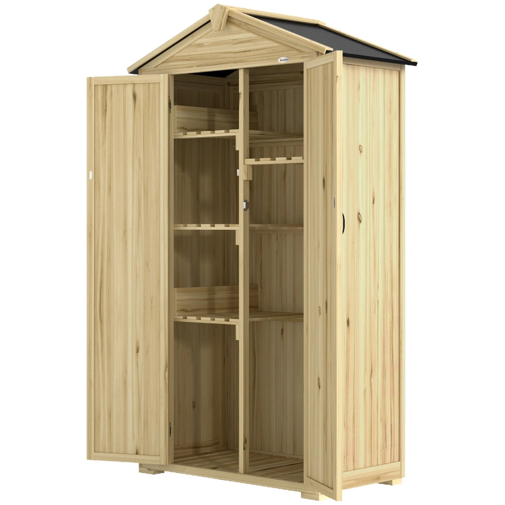 Armadio da Giardino a 3 Ante con 4 Ripiani e Ganci, in Legno di Abete, 93x53x168 cm, Color Legno