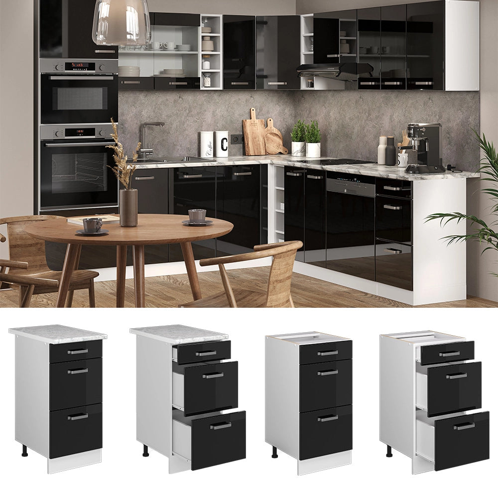 Vicco Mobiletto base per cucina Nero lucido 40 cm con cassetti, senza piano di lavoro