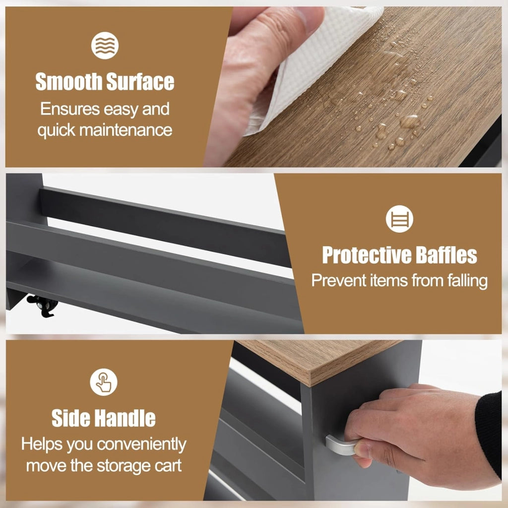 Carrello per Nicchia con Ruote, 4 Livelli，Carrello di Servizio Stretto Salvaspazio, da Bagno, Scaffale da Cucina Sottile 47,5 x 13 x 80,5 cm (Naturale+Grigio, Largo 13 cm)