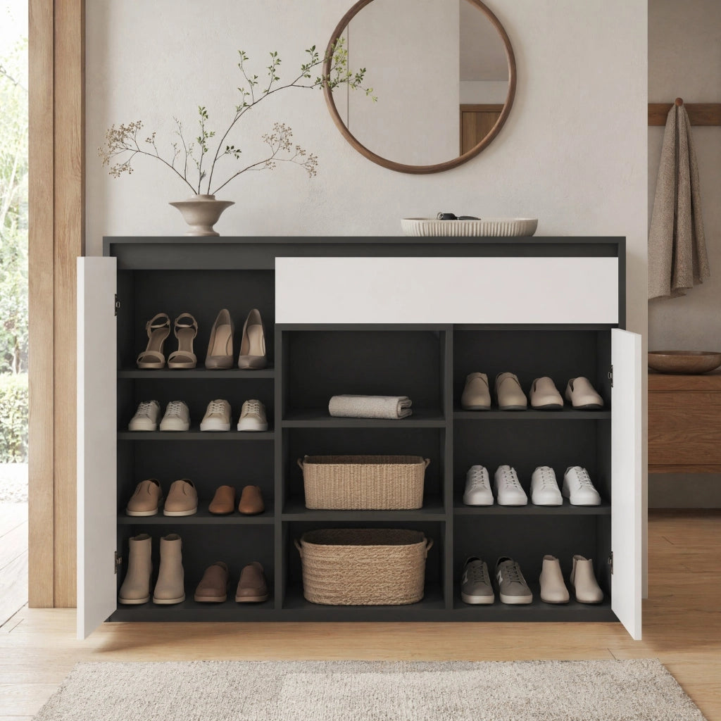 Mobile scarpiera moderno con LED; 2 ante e cassetto 105 x 39;5 x 86 cm; nero e bianco