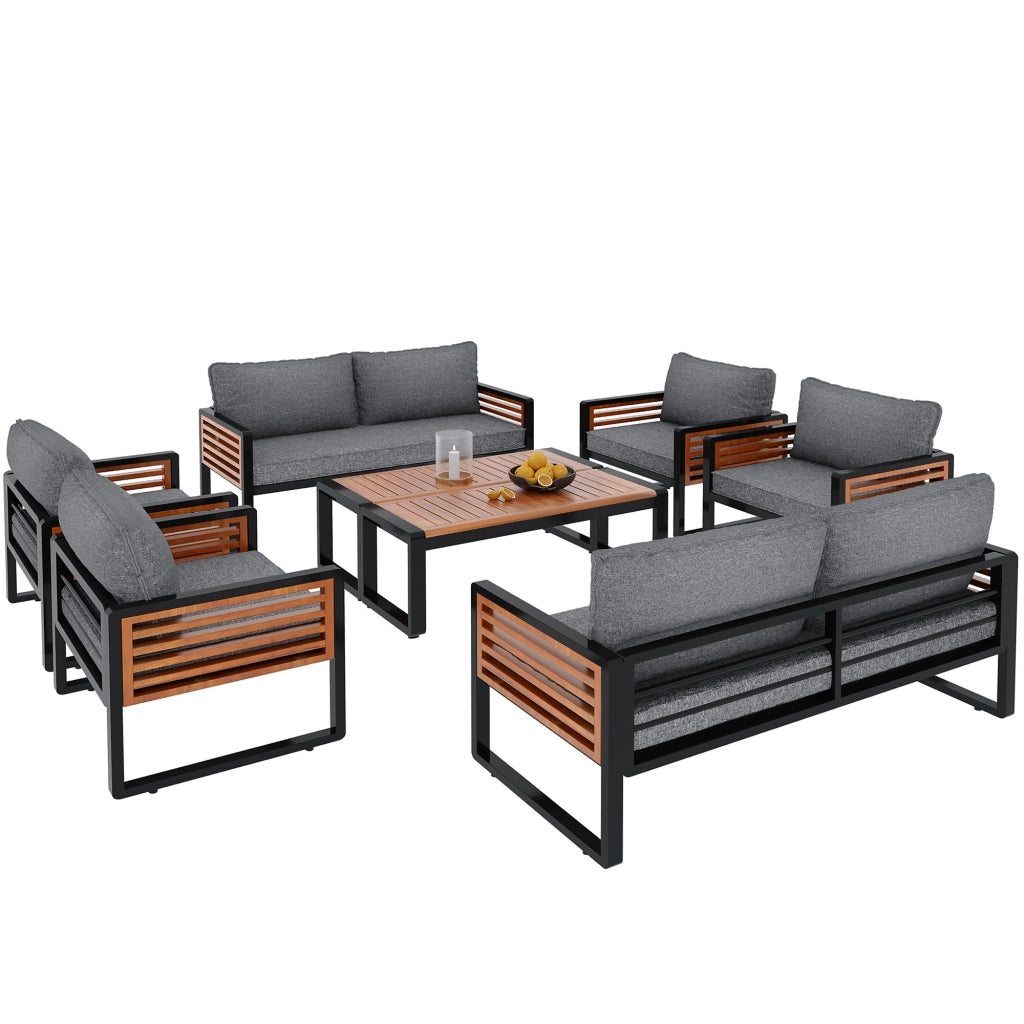 Set salotto giardino 8 pezzi: acciaio zincato; 2 Divanooi 2 posti + 4 poltrone + 2 tavolini; braccioli legno; grigio anticato