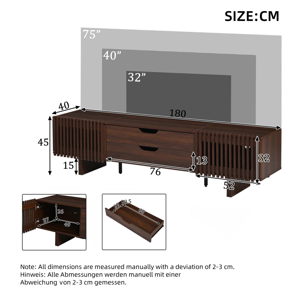 Mobile TV con 2 cassetti e 2 ante a lamelle - 180x40x45 cm - in MDF - noce scuro