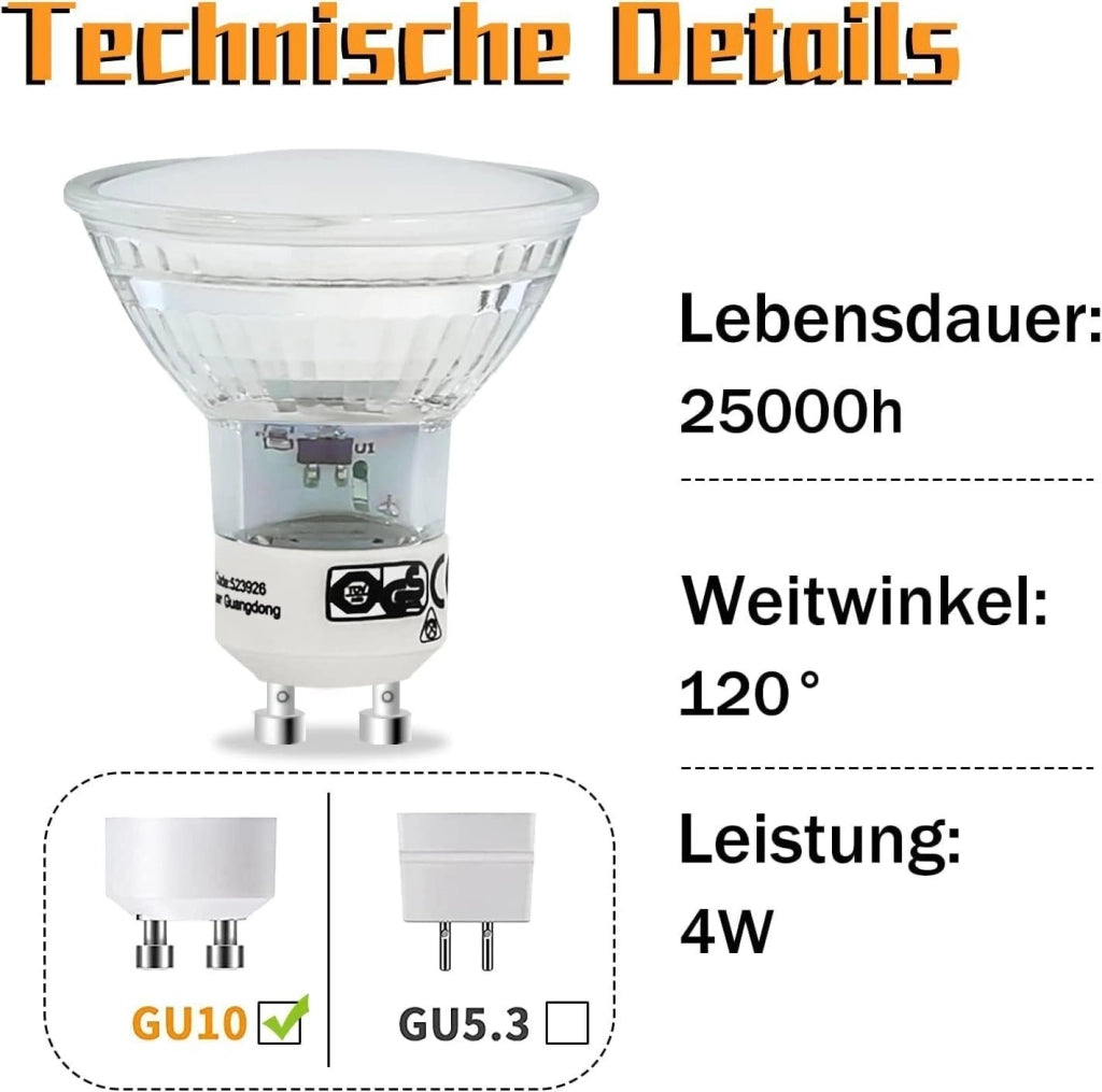 ZMH Set di 10 Lampadine LED GU10 Bianco Caldo 4W PAR16 Faretto da Incasso Angolo Fascio 120° Illuminazione 3000K