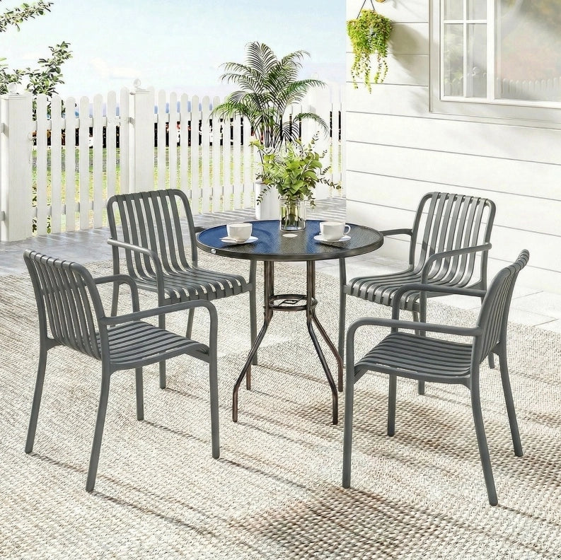 Set 4 sedie da giardino impilabili con braccioli; design a lamelle; grigio scuro