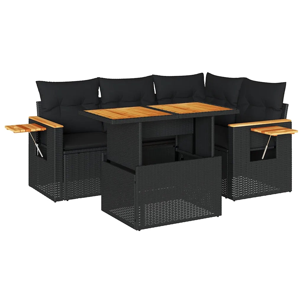 vidaXL Set Divani da Giardino 5 pz con Cuscini Nero Polyrattan Acacia