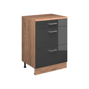 Mobile cucina sottotetto R-Line Antracite lucido/Rovere dorato 60 cm senza inclinazione con 3 cassetti Vicco