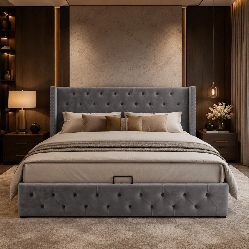 LETTO Contenitore 180x200 cm in Velluto Grigio stile Chesterfield