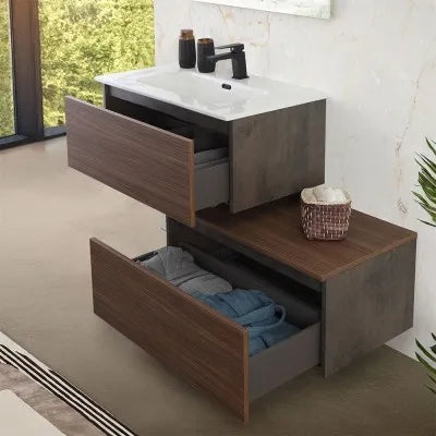 Cassettone bagno sospeso 80 cm soft-close ossido e noce canaletto Kleo