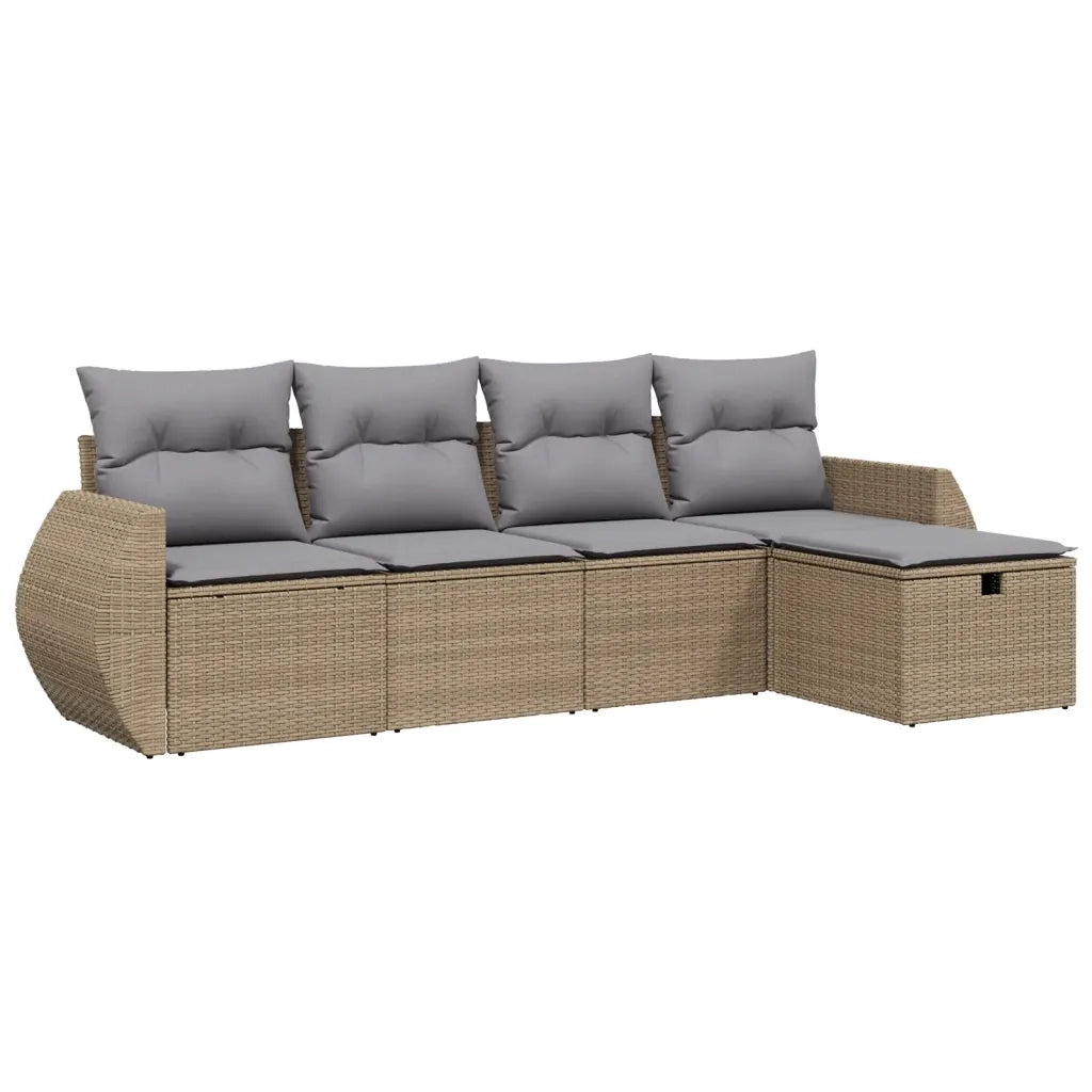 Set Divano da Giardino 5 pz | Set Salotto da Giardino con Cuscini Beige Misto Polyrattan