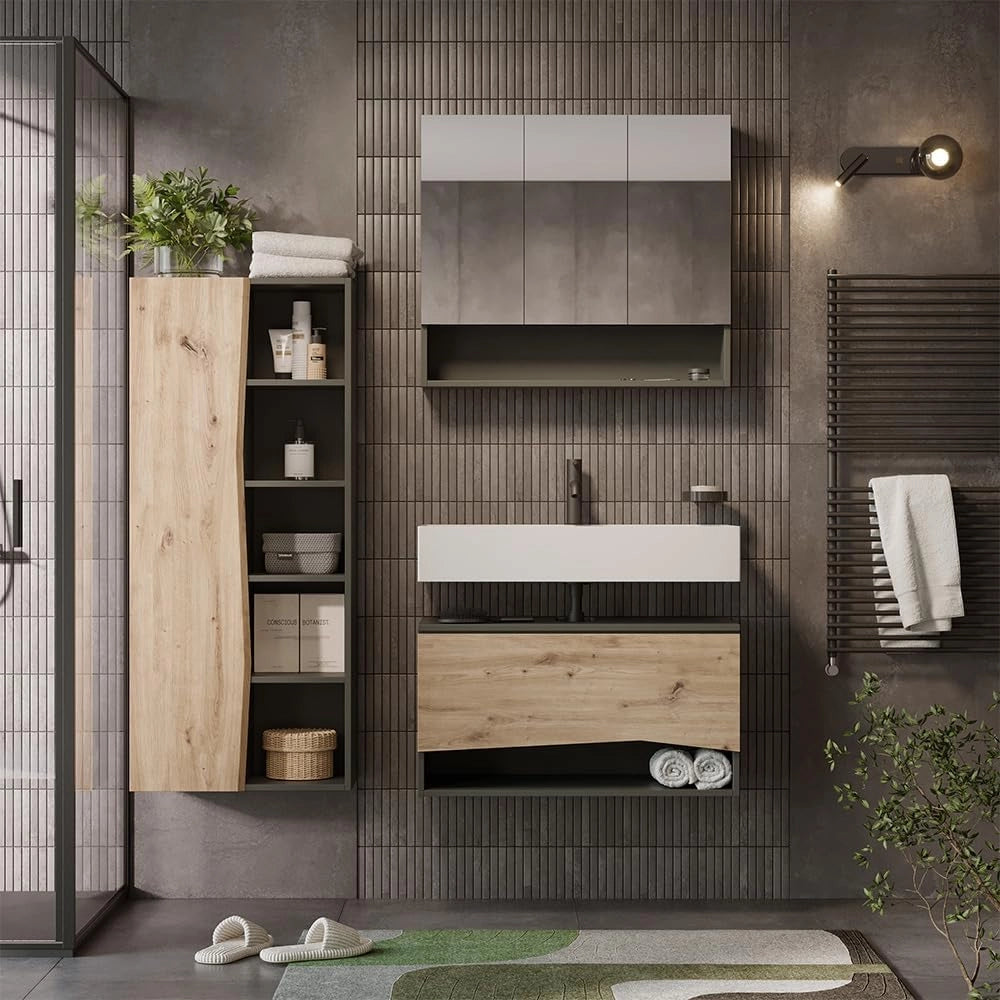 Set di mobili da bagno Willow, Artigiano, 80 cm, composto da mobile sottolavabo, specchiera e colonna alta