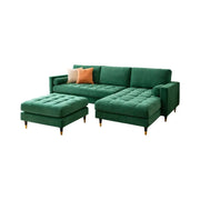 Divano ad angolo KOLIRI verde smeraldo con pouf – Divano design in velluto con struttura in legno massiccio