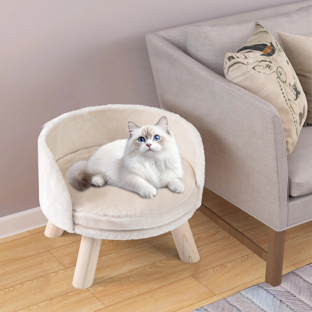 Divano letto per cani con cuscino rotondo imbottito e 4 gambe in legno di pino-Dormeuse Letto rialzato per animali con cuscino rimovibile Beige