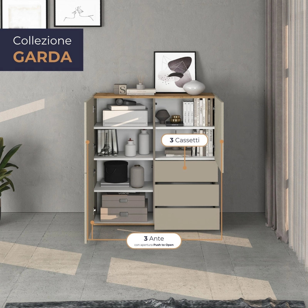 WHOUS Credenza Garda a 3 ante e 3 cassetti tortora opaco e rovere 102x35x110 cm