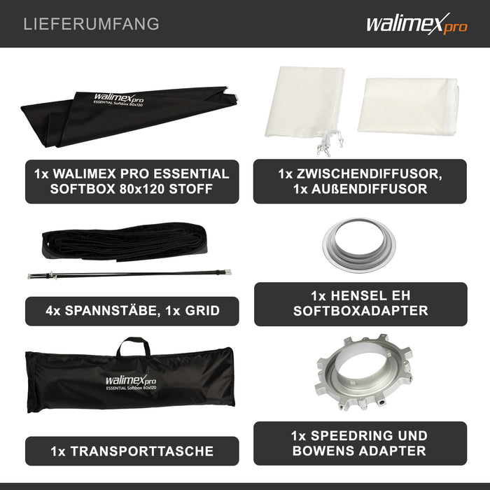 Essential Softbox 80x120cm con adattatore per Hensel Expert, girevole a 360°, facile da montare, con griglia, adattatore Bowens, per fotografia prodotti e persone