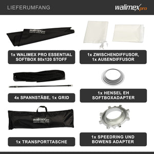 Essential Softbox 80x120cm con adattatore per Hensel Expert, girevole a 360°, facile da montare, con griglia, adattatore Bowens, per fotografia prodotti e persone