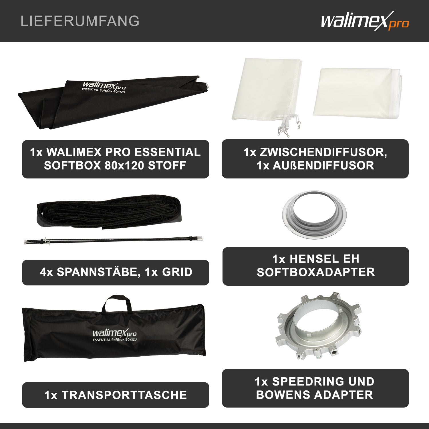 Essential Softbox 80x120cm con adattatore per Hensel Expert, girevole a 360°, facile da montare, con griglia, adattatore Bowens, per fotografia prodotti e persone