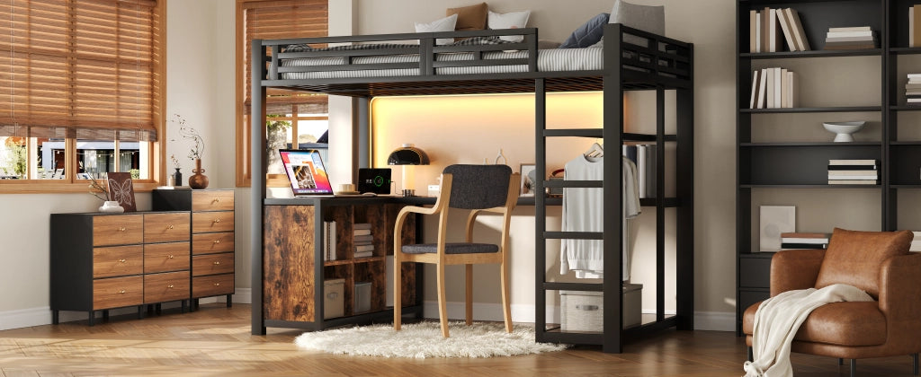 Letto a soppalco 140 × 200 cm con scrivania, LED, stazione di ricarica, armadio aperto, senza materasso, nero