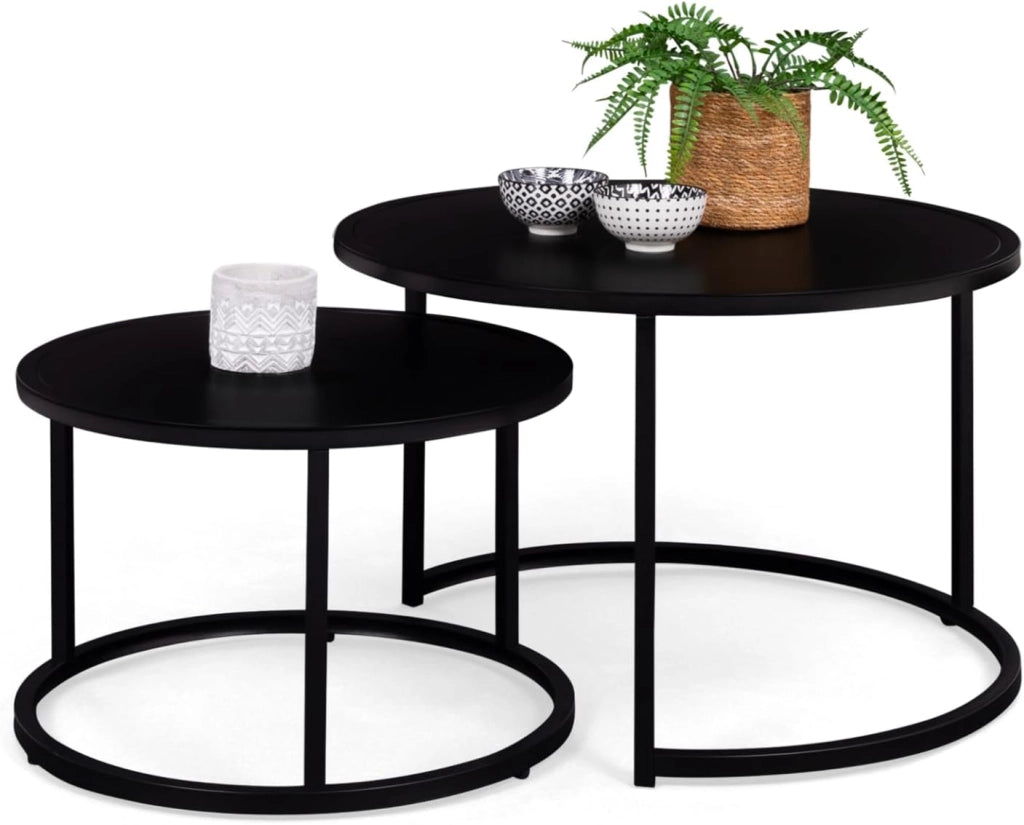 Set di 2 tavolini tondo 54/70 in metallo nero opaco, design industriale DAVIS