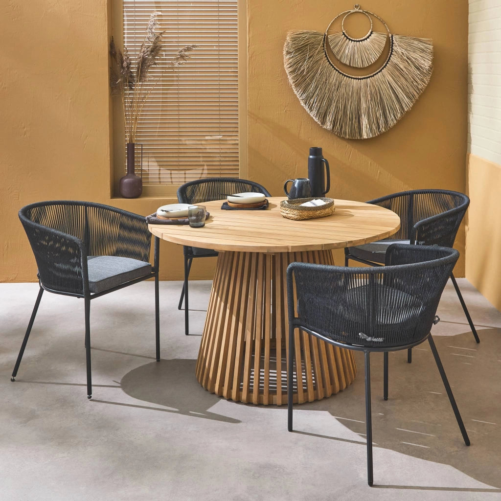 Set tavolo da pranzo rotondo in legno con 4 poltrone in corda, nero