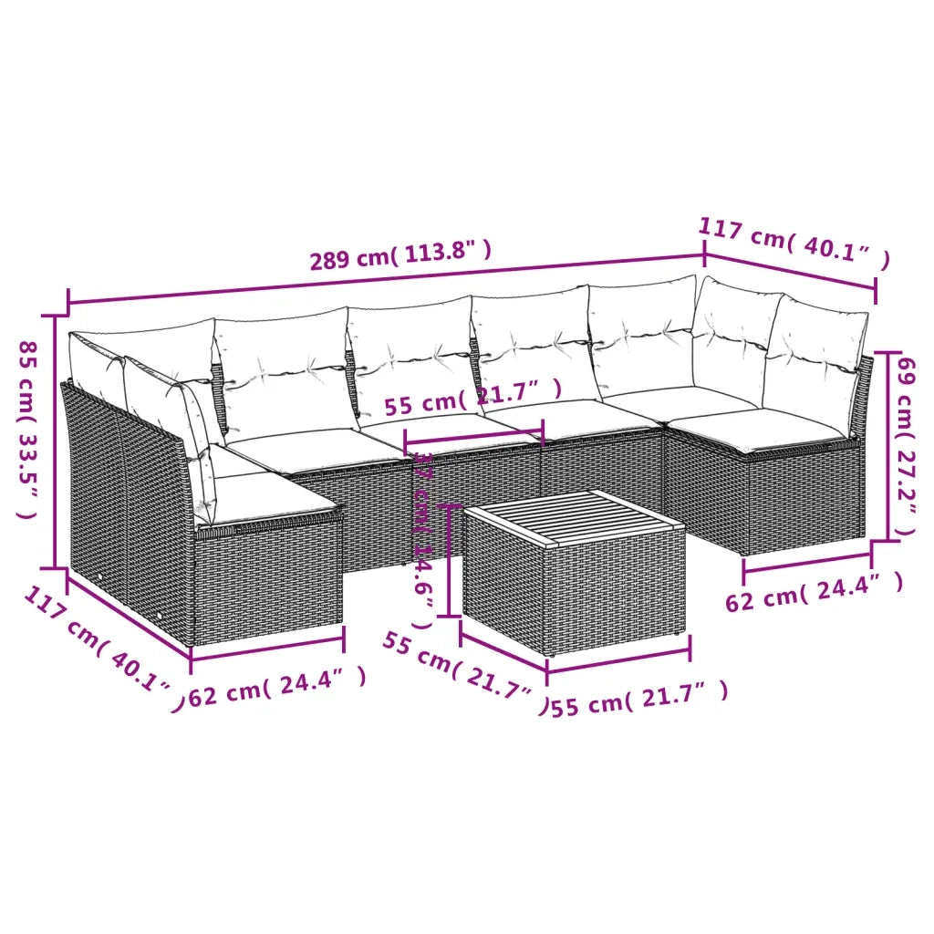 Set Divano da Giardino 8 pz con Cuscini Beige in Polyrattan
