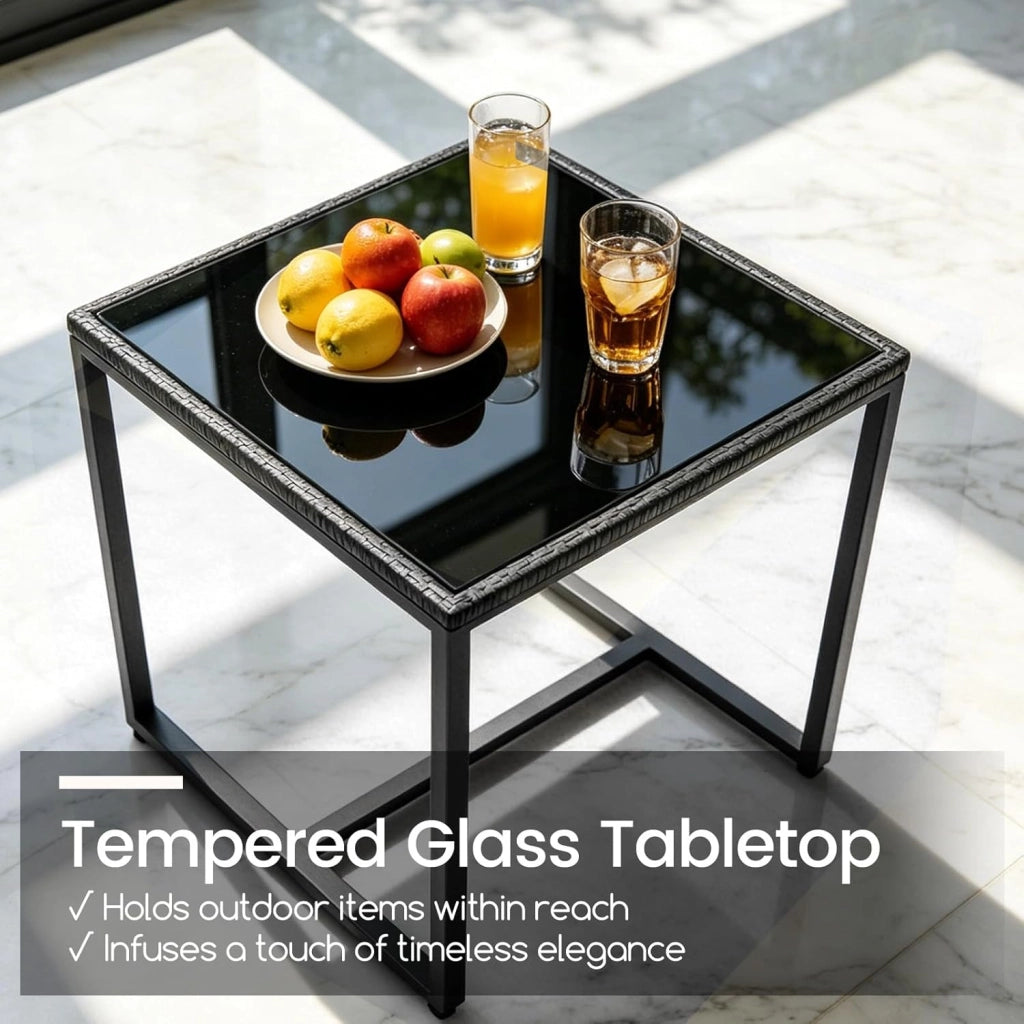 Set da Giardino 3 Pezzi, Set Salotto Esterno per 2 Persone, 2 Poltrone con Cuscini + 1 Tavolino con Piano in Vetro, Mobili da Esterno per Balcone, Terrazza, Cortile (Nero+Grigio)
