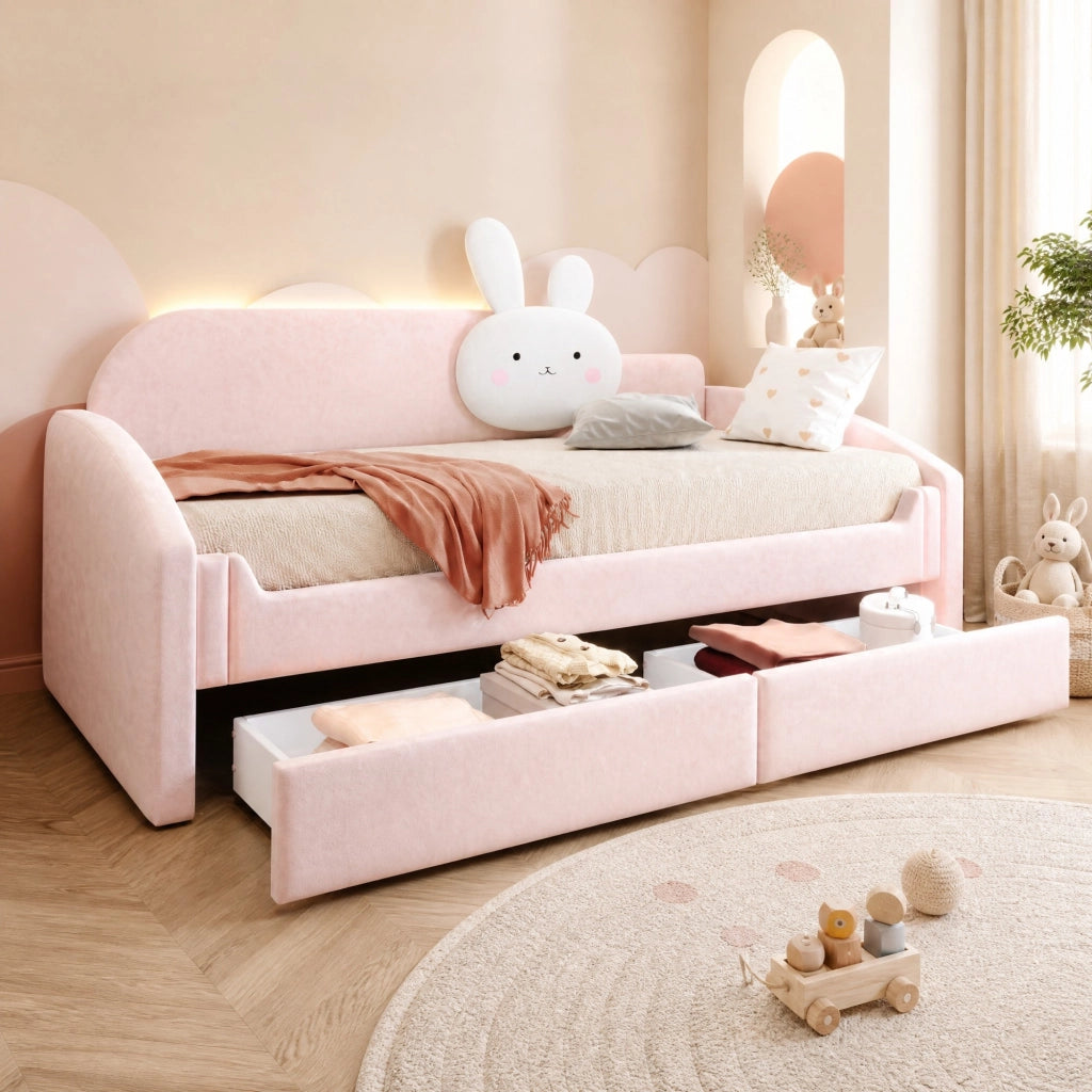 Letto bambino con contenitore 90x200 cm; LED; velluto rosa; con cassetti e cuscino coniglietto