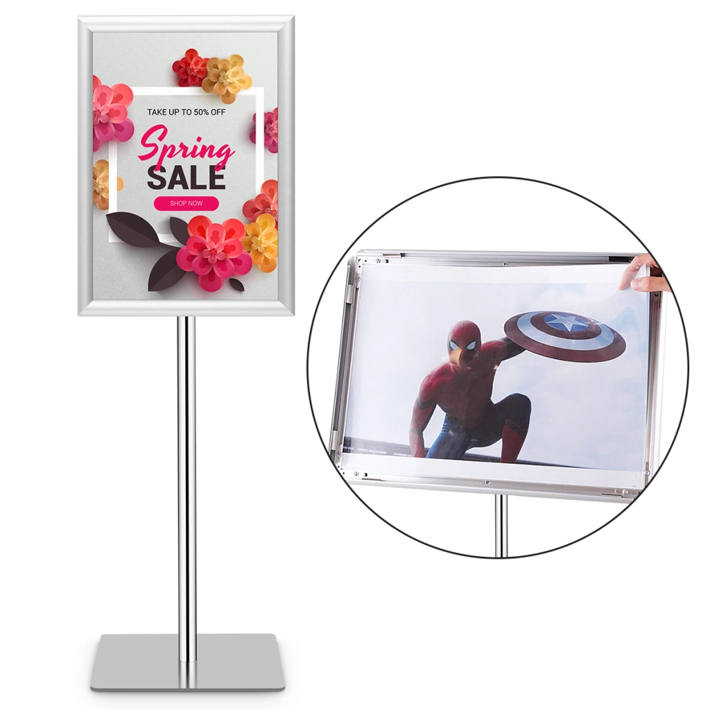 A3 Espositore da terra autoportante poster stand girevole e regolabile 78,5-123cm in metallo, Set da 2 Argento-Espositore pubblicitario