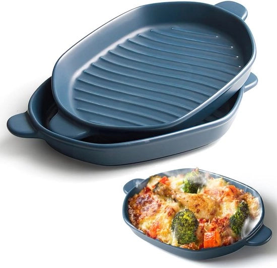 Piatto da forno, 26 x 18 cm, forma a lasagna con manico, ideale per 2 persone, teglia da forno, ideale per forno, ceramica, teglia da forno, forma a lasagna, teglia da forno, 2 pezzi (blu)