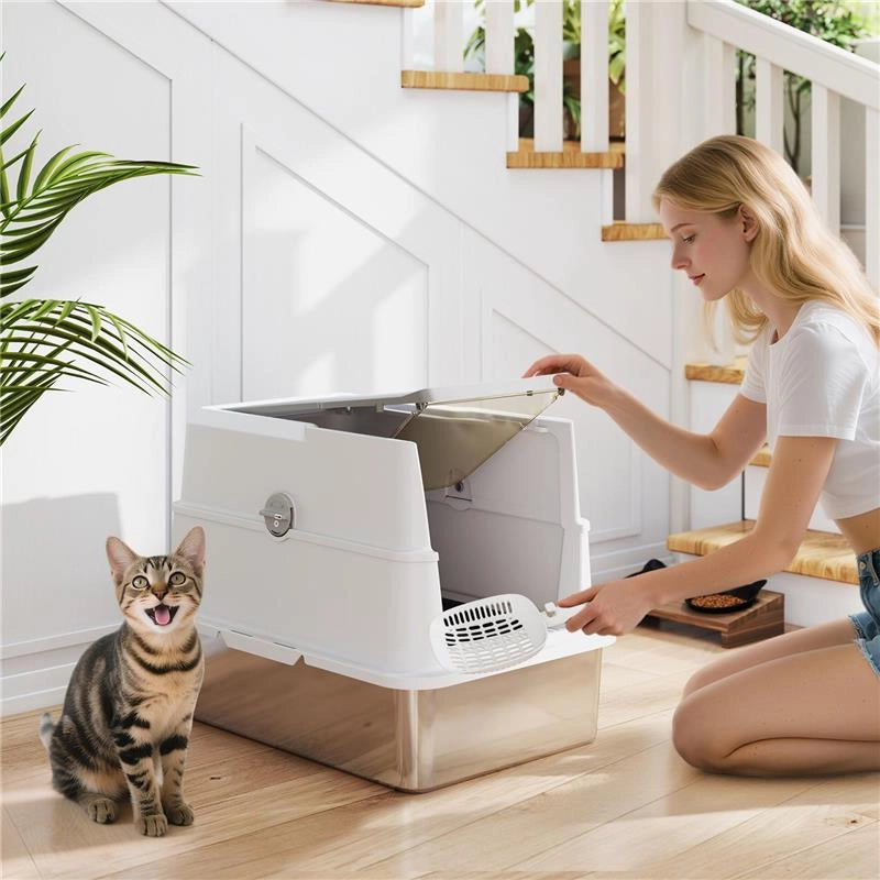 LETTIERA PER GATTI GRANDI IN ACCIAIO INOX CON COPERCHIO RIBALTABILE, PALETTA E DEODORANTE, GRIGIO CHIARO