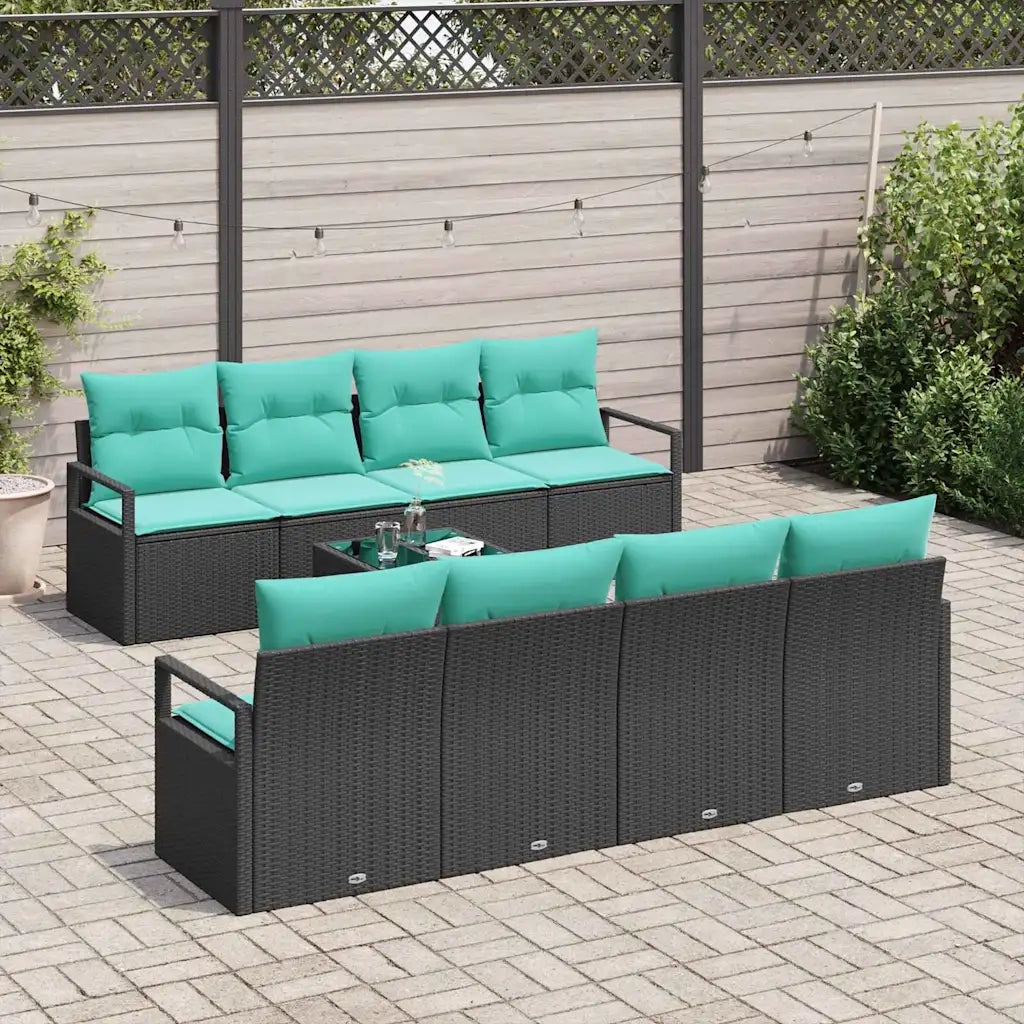 Set di divani con cuscino 7 pcs Nero e azzurro polyrattan