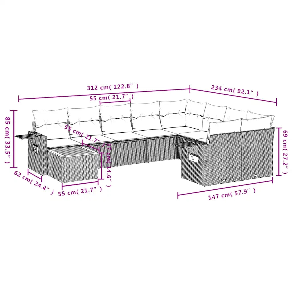 Set Divani da Giardino 10 pz con Cuscini Grigio in Polyrattan 3224731