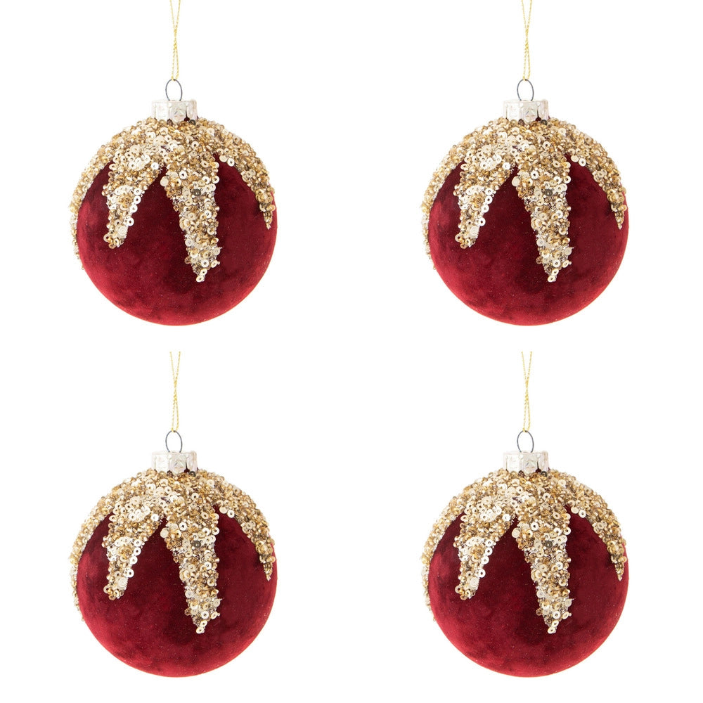 Palline di Natale in Velluto Rosso e Strass Oro Formato: 80 mm