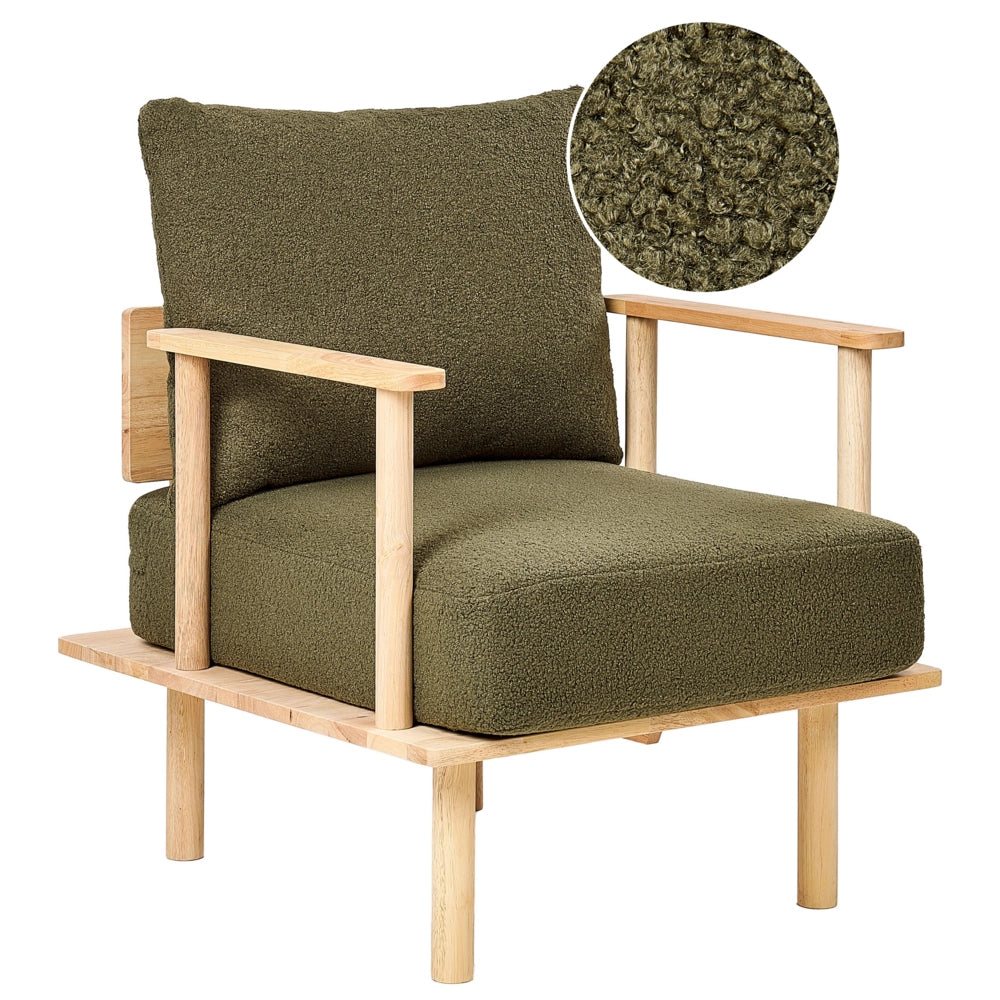 Poltrona Stile minimalista Boucle imbottita Struttura in legno chiaro Verde scuro stile minimalista
