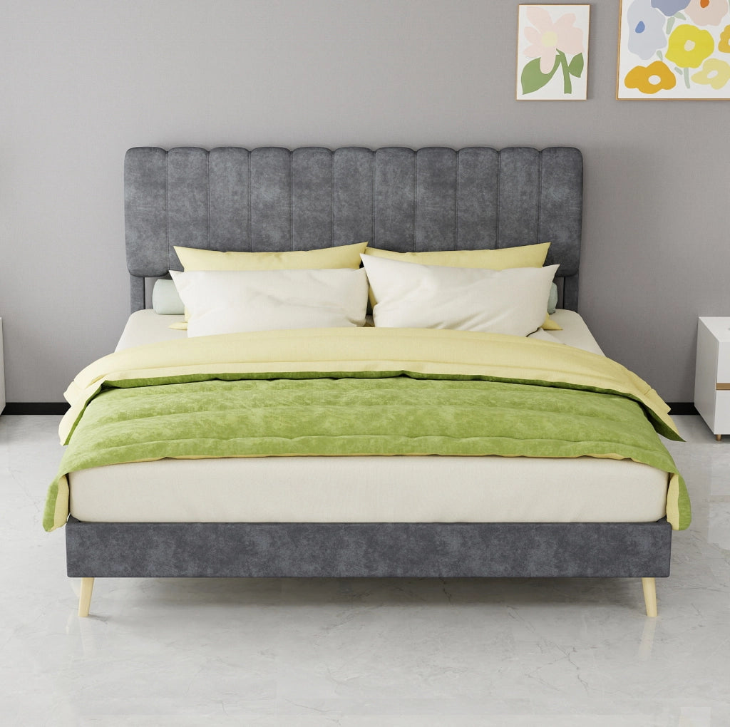 Letto imbottito con testiera alta 160x200 cm, in tessuto e metallo, grigio
