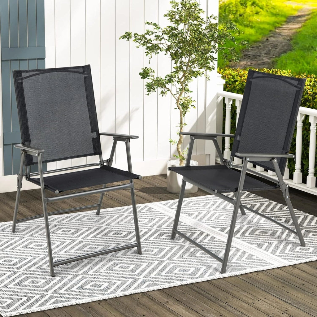 Set di 4 sedie da giardino pieghevoli, con schienale alto e bracciolo, in metallo e tessuto, portata fino a 150 kg (nero, 2)