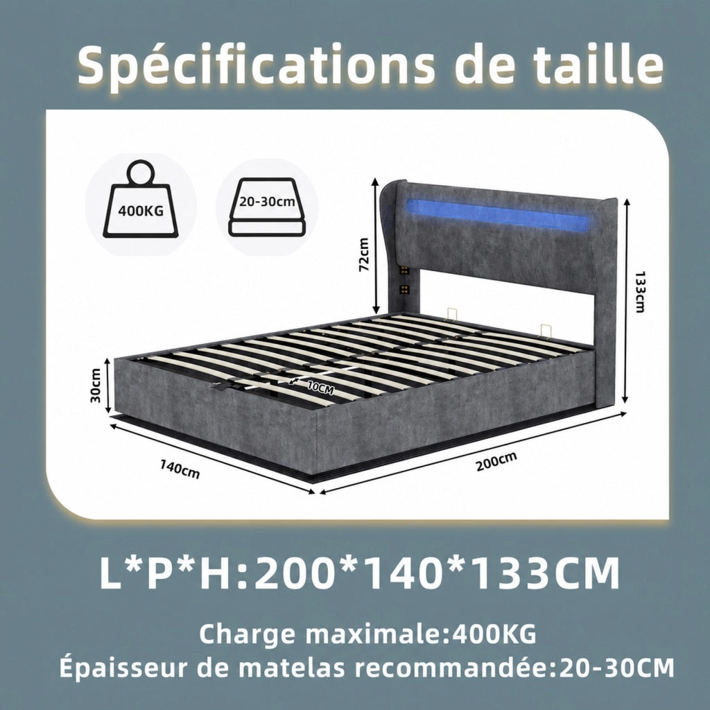 Letto matrimoniale 140x200 cm con testiera regolabile e illuminazione LED; grigio