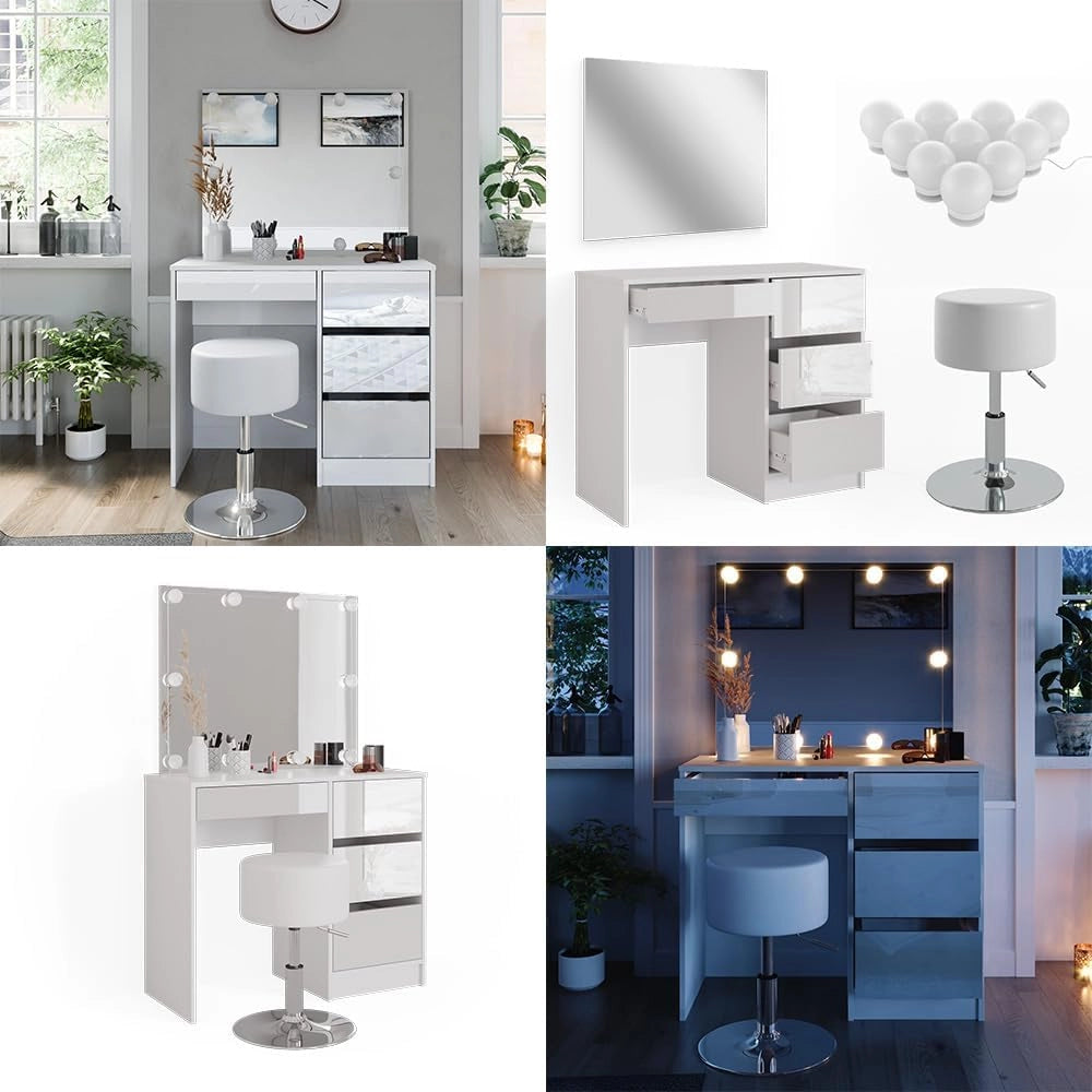 Vicco Tavolo da toeletta Sherry, Bianco, 90 cm con illuminazione a LED e sgabello, con illuminazione a LED e panca imbottita