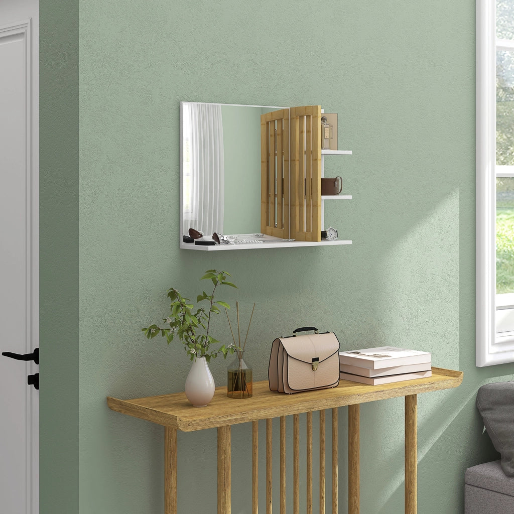 Specchio da Bagno con Ripiani Laterali e Inferiore in Bamb¨´ ¨C Zephmum ¨C Bianco 45x15x58.5 cm