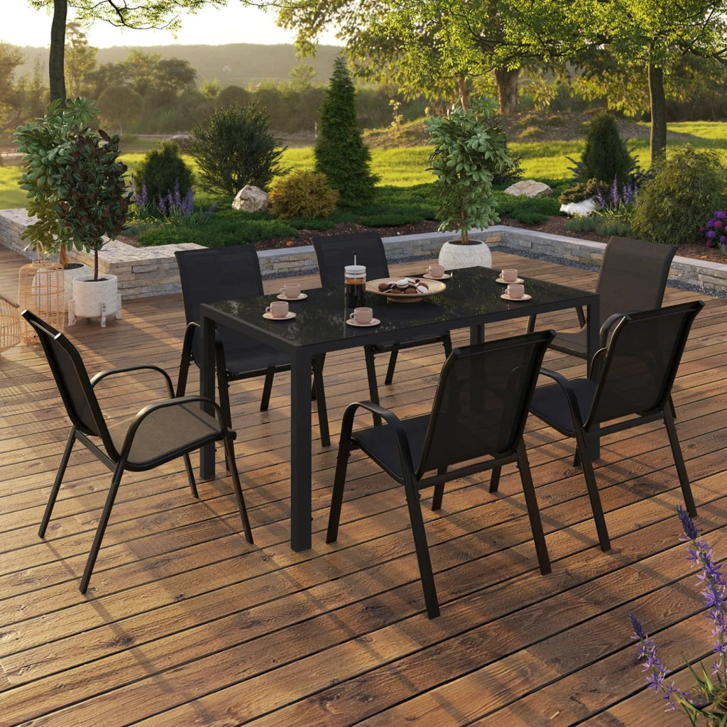 IDMarket - Set di mobili da giardino MADRID tavolo 150 CM e 6 sedie impilabili nero